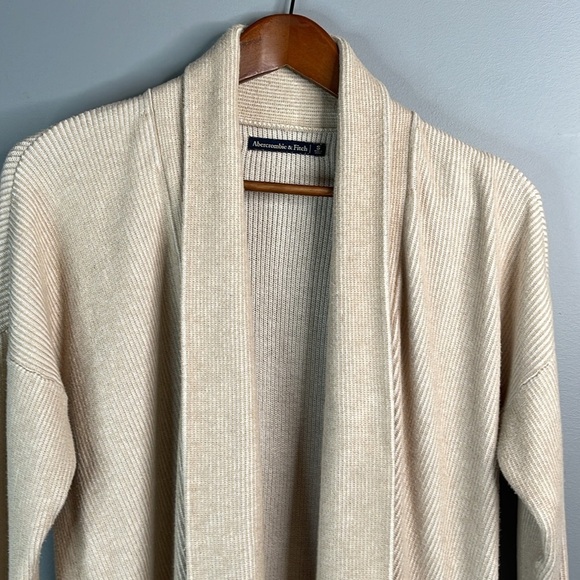 Abercrombie & Fitch Open Cardigan Sweater Tan White Ribbed Draped Pockets Small - Picture 3 of 12